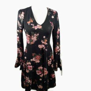 American Rag Floral Dress Small Black Bell Bottom Sleeves Deep Sheer Hem